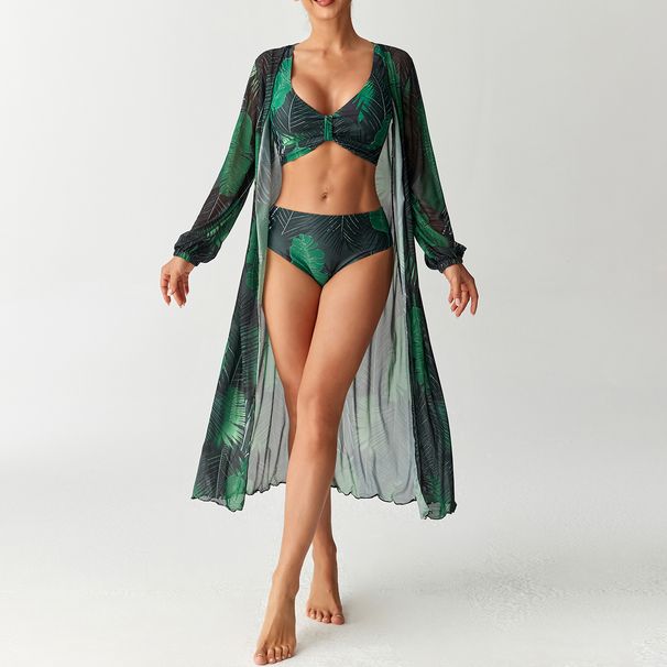 Women's High-Waist Swimwear Set – Long Sleeve Rashguard + Bikini Top + Bottoms (UPF 50+ Sun Protection, S-XL, Tropical Print)_ecoleips.com