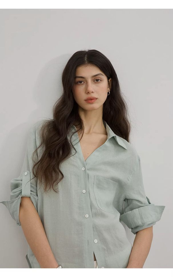 Relaxed Casual, Comfortable V-neck 100% Ramie Shirt, Loose And Simple Sun-protective Long-sleeve Shirt_ecoleips.com