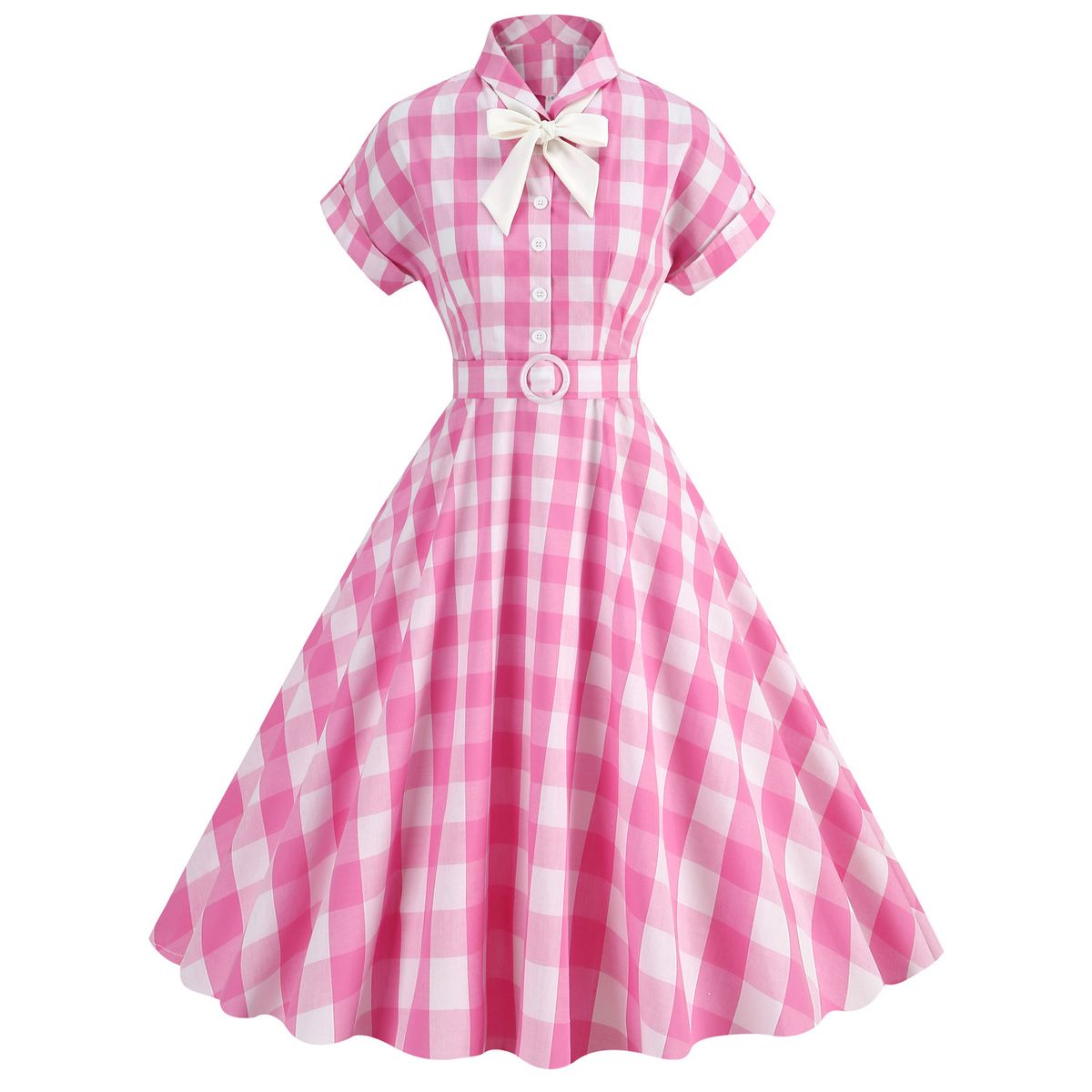Barbie Pink Plaid Lace Dress Cosplay Hepburn Style Death Pink Bow Tie Net Red Women's Summer Thin Material Adult Size Regular_ecoleips.com