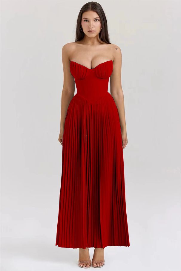Women's Clothing Fashion Elegant Tube Top Sleeveless Pleated Tube Top Dress_ecoleips.com