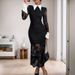 Women's Clothing Elegant Black & White Color Block Long Dress With Lapel & Lace Patchwork - Seasonless Investment Slim Fit_ecoleips.com