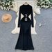 Women's European American Style Long Sleeved Rhinestone Dress Heavy Duty Metal Buckle Waist Cinching Slimming Elegant Autumn Winter Gift_ecoleips.com