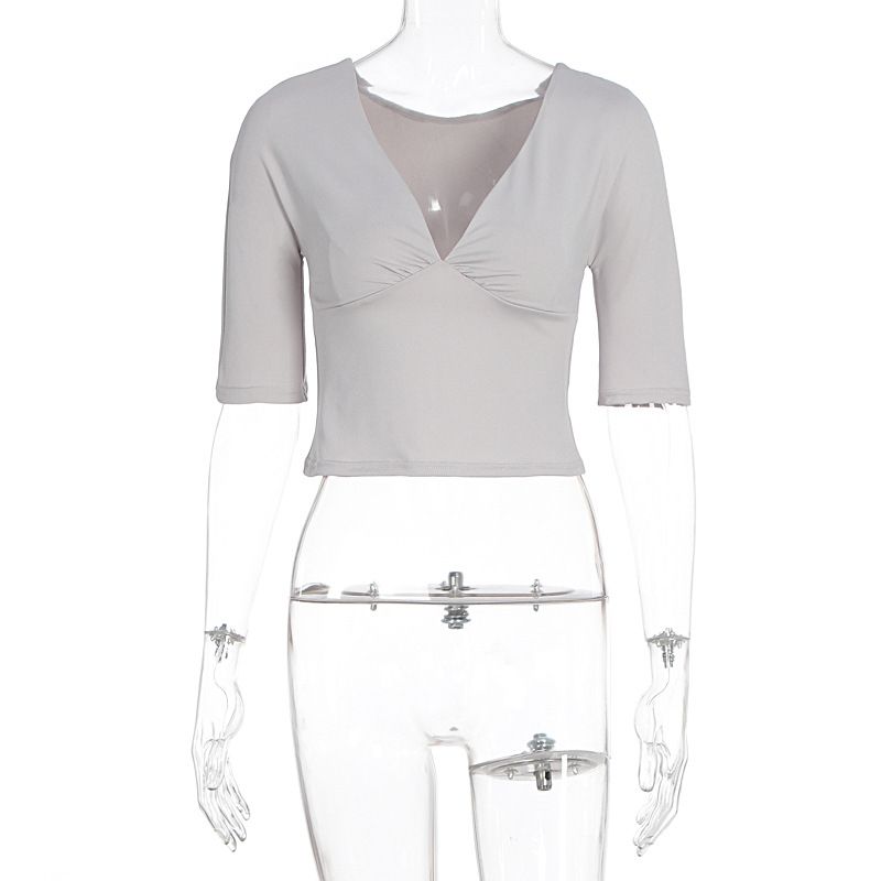 Women Solid Color Deep V Dress Slim Fit Cropped Long Sleeve Outdoor Wear Casual Fashion Daily Dress For Women_ecoleips.com
