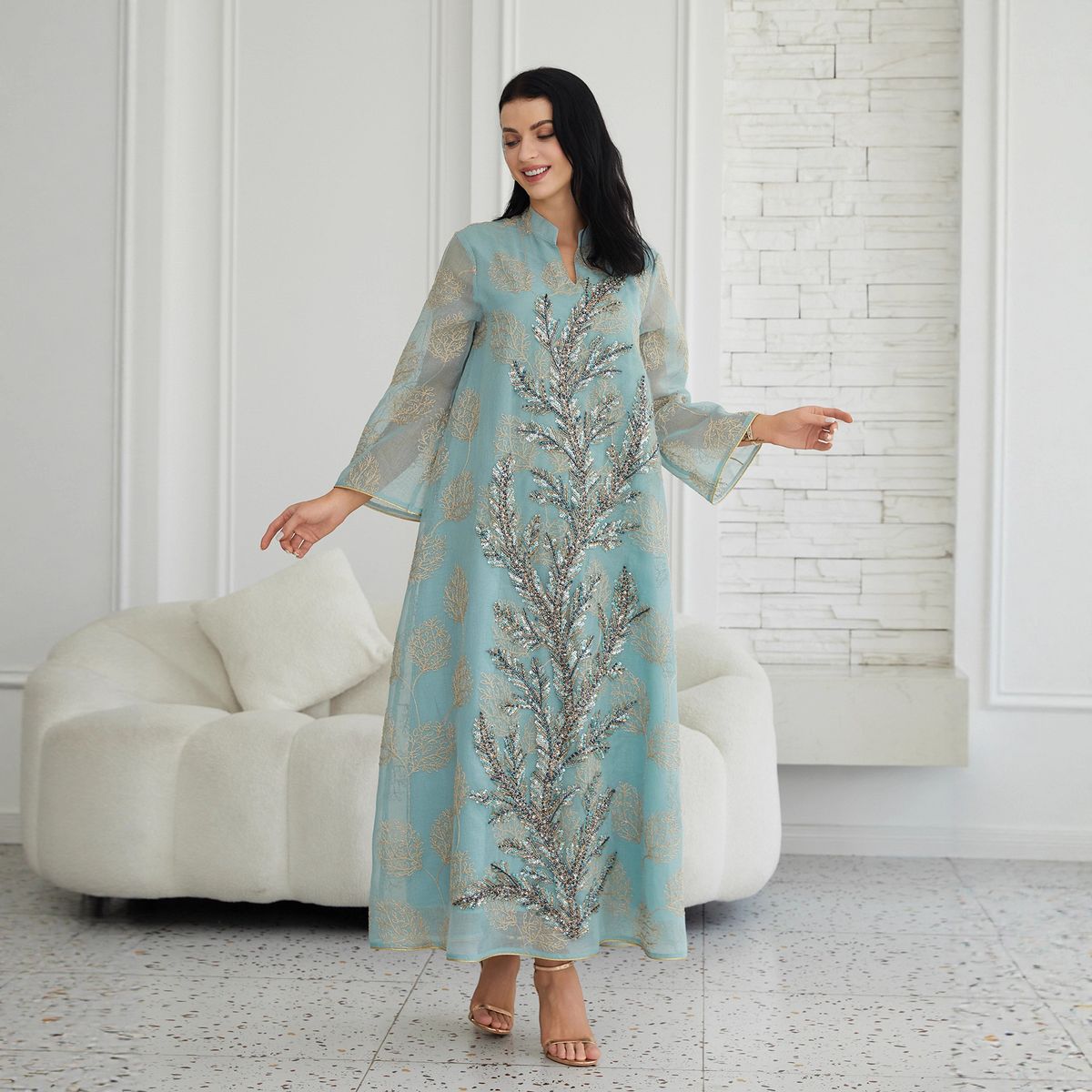 Luxury Embroidered Abaya Dress – Elegant Blue Sequin Maxi Gown For Women, Modest Dubai Style Islamic Wear With Sheer Net Fabric_ecoleips.com