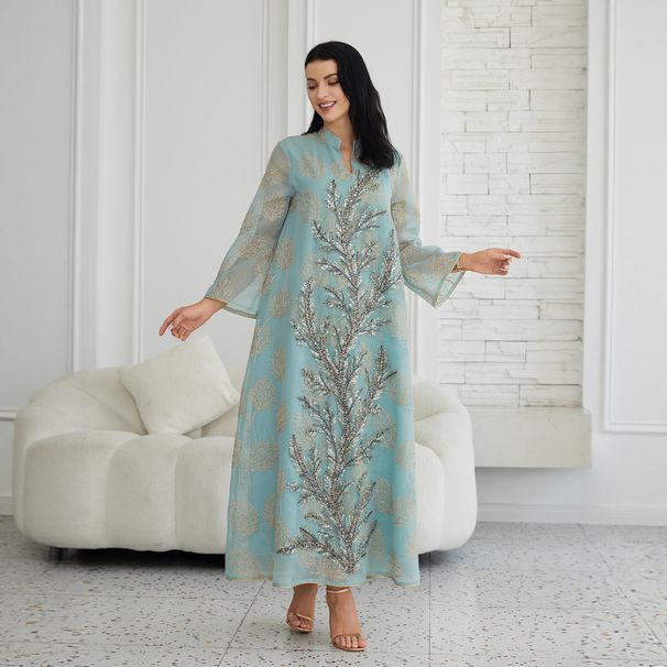 Luxury Embroidered Abaya Dress – Elegant Blue Sequin Maxi Gown For Women, Modest Dubai Style Islamic Wear With Sheer Net Fabric_ecoleips.com