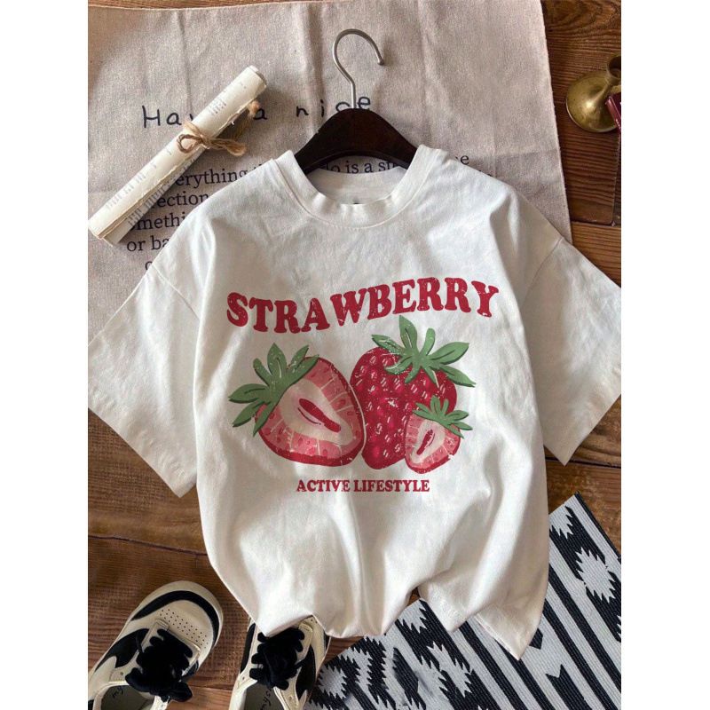 Pure Cotton Summer New Cute Strawberry Pattern Printed Casual Short-sleeved T-shirt For Women_ecoleips.com