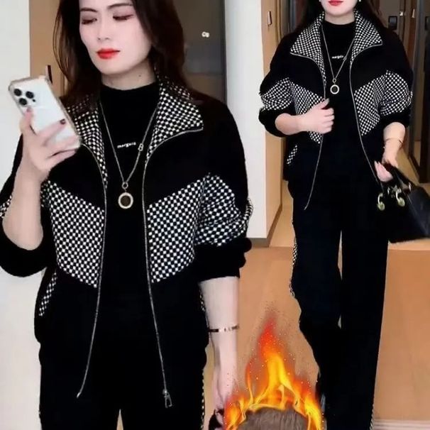 girl Hot-Selling Stylish Fleece-Lined Thickened Casual Suit Women, Autumn And Winter New Age-Reducing Patchwork Plaid Jacket_ecoleips.com