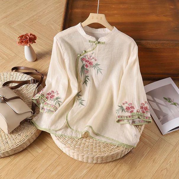 Summer New Vintage Frog Button Stand Collar Diagonal Collar, Ethnic Style, Heavy Work Embroidery, Cotton-Linen Three-Qua_ecoleips.com
