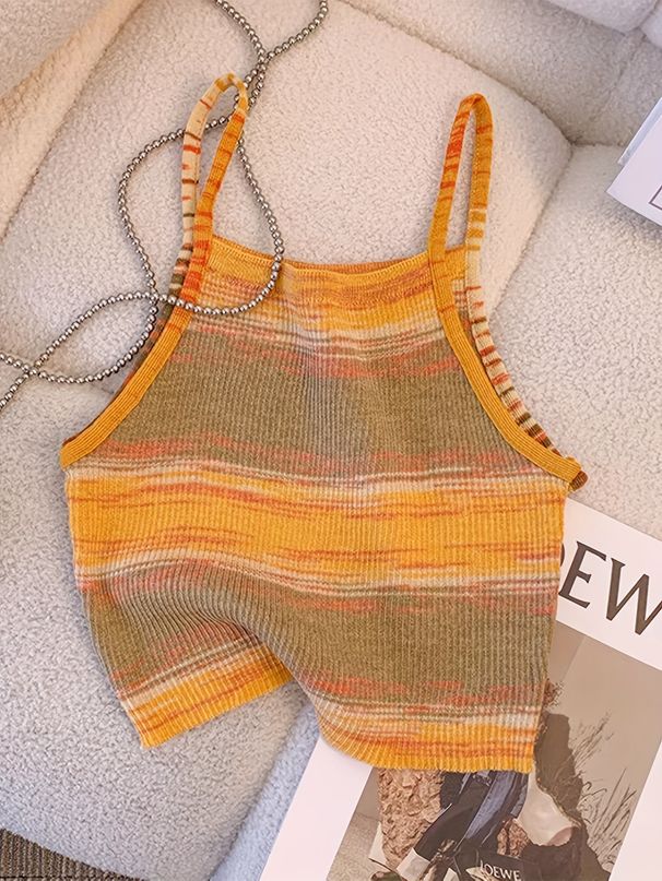 2025 Comfortable And Stylish Striped Ribbed Knit Cami Top For Women Sleeveless Square Neck Casual Top Rainbow Crop Top_ecoleips.com
