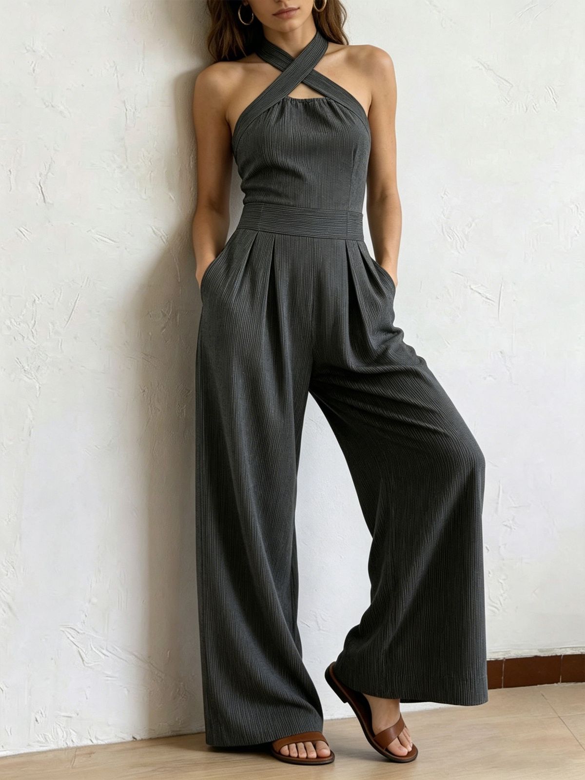 Women's Clothing Elegant Off-Shoulder Sleeveless Crossover Halter Jumpsuit Solid Color Woven Striped Waist Cinching Wide Leg Pants For Women Summer_ecoleips.com