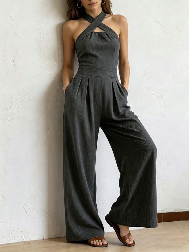 Women's Clothing Elegant Off-Shoulder Sleeveless Crossover Halter Jumpsuit Solid Color Woven Striped Waist Cinching Wide Leg Pants For Women Summer_ecoleips.com