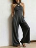 Women's Clothing Elegant Off-Shoulder Sleeveless Crossover Halter Jumpsuit Solid Color Woven Striped Waist Cinching Wide Leg Pants For Women Summer_ecoleips.com