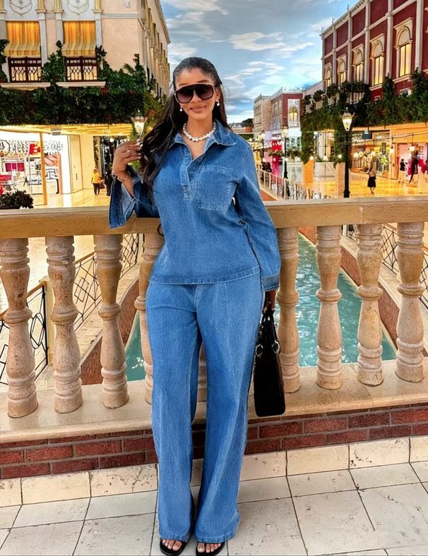 Aria Basics New Spring Women's Set: European American Style French Fashion Washed Blue Denim Top And Straight-Leg Pants_ecoleips.com