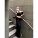 Off-Shoulder Black Slim Fit Short T-Shirt Top Hot Girl Outfit Women Summer A-Line Half Skirt Casual Two-Piece Set_ecoleips.com