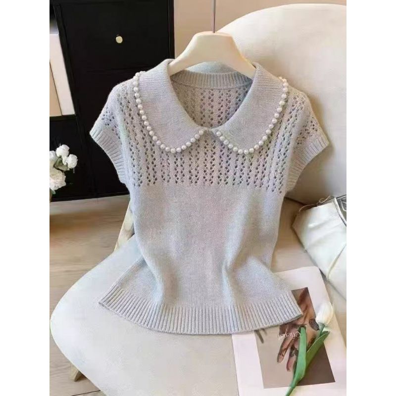 Women's French Style Knitted Top Soft Peter Pan Collar Hollow Design Short Sleeved Slimming Elegant Fashion Summer 2026_ecoleips.com