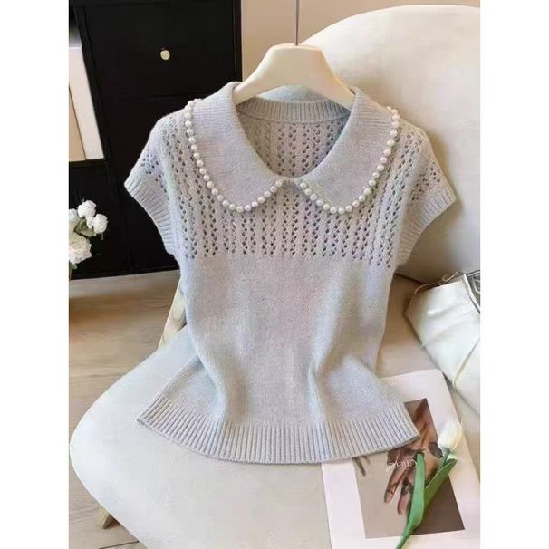 Women's French Style Knitted Top Soft Peter Pan Collar Hollow Design Short Sleeved Slimming Elegant Fashion Summer 2026_ecoleips.com