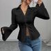 K New Elegant Women's V-neck Single Breasted Solid Color Shirt_ecoleips.com