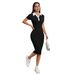 Slim-Fit Polo Collar Bodycon Dress – Color-Block Knitted Ribbed Mini Dress With Button Front_ecoleips.com