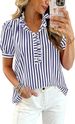 Women's Summer V-Neck Blouse With Ruffles, Bubble Sleeves, Button Detail, Striped & Checkered Casual Shirt_ecoleips.com