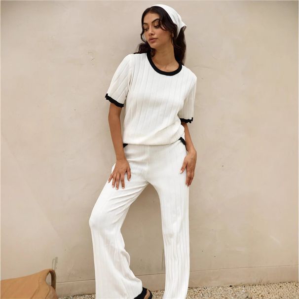 Women's Clothing Pit Strip Fashion Contrast Color Simple Style Casual Top Wide Leg Pants Suit_ecoleips.com