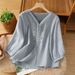 Artistic Vintage Cotton-Linen Embroidery Design Half-Sleeve Top Summer V-Neck Versatile Loose Belly-Covering T-Shirt For_ecoleips.com