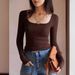 Women's Square Neck Ribbed Fabric T-Shirt Black Low Neck Patchwork Striped Base Layer Autumn Top American Style_ecoleips.com