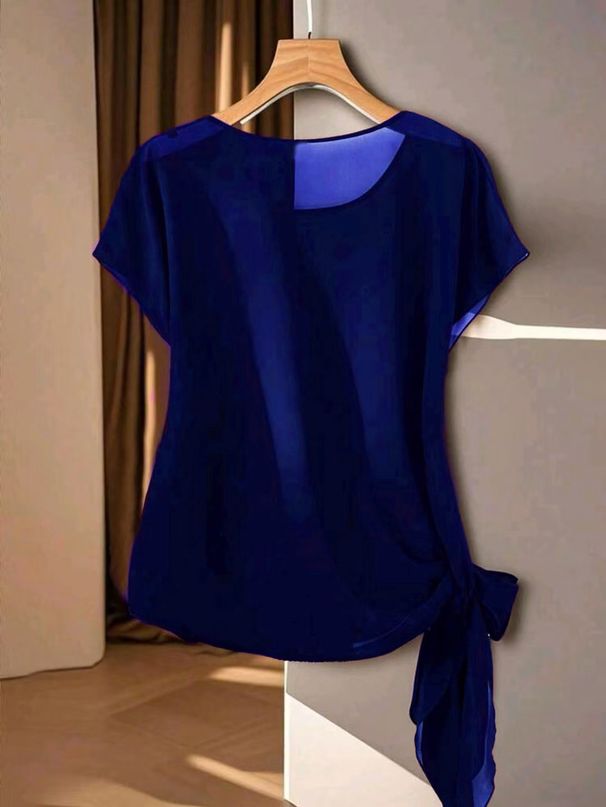 Women's Lightweight Satin Weave Short Sleeve Top With Ruffle Tie Detail, Breathable Round Neck T-Shirt_ecoleips.com