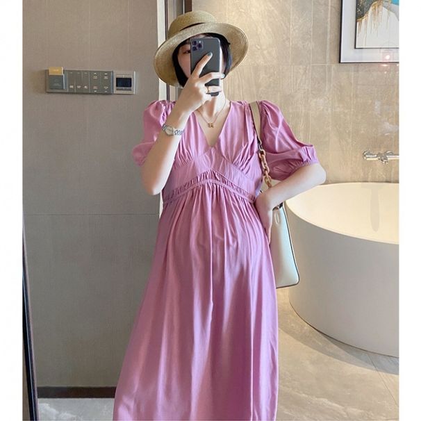 In Stock Maternity Summer Simple Elegant French V-neck Pleated Design Waist Slimming Mid-length Dress_ecoleips.com