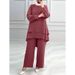 H731 Muslim New Women's Clothing Solid Color Double Layer Top Fashion Elegant Loose Wide Leg Pants Set_ecoleips.com