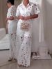 French Lace Hollow out Women's Outfit Blouse And Pants Set with Elegant Embroidery Detachable Button-Up Top And High-Waisted Trousers_ecoleips.com