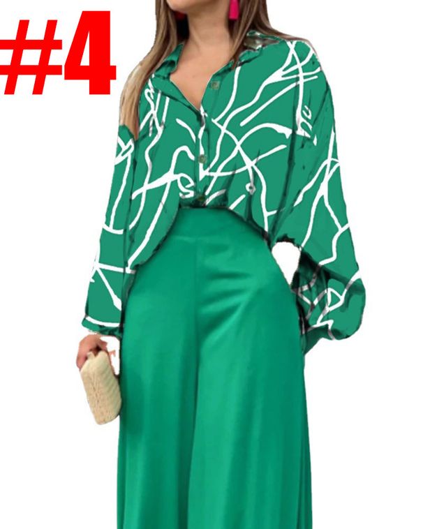 Women’s Clothing Women's Large Size Women's Lapel Shirt Printed High Waist Wide Leg Pants Two-piece Set_ecoleips.com