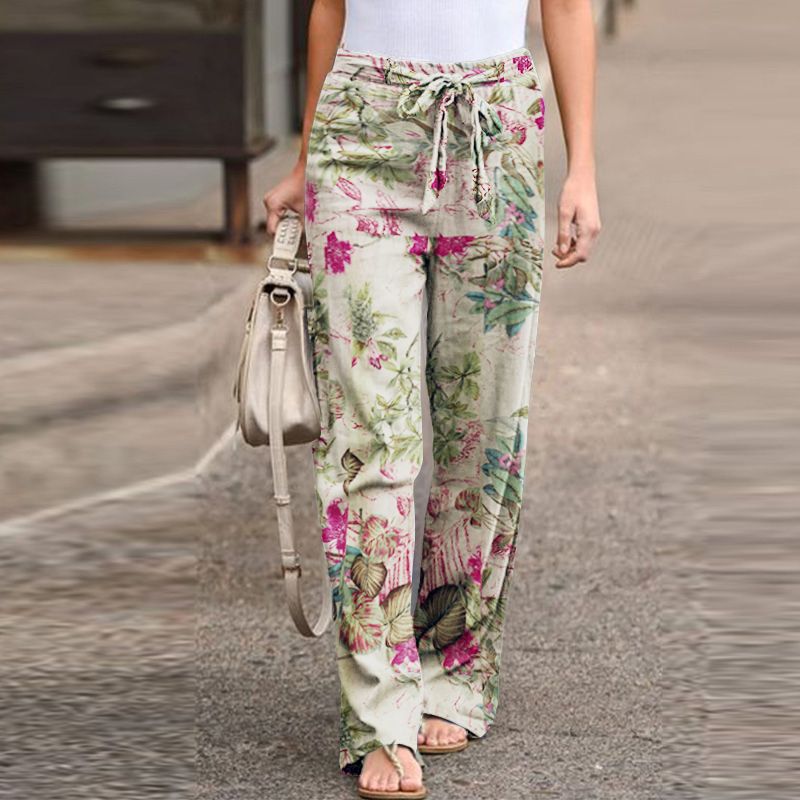 Vintage Women Drawstring Trousers Spring Autumn Fashion Floral Printed Wide Leg Pants Ladies Casual Loose Long Pantalones_ecoleips.com