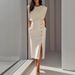 Women's Clothing Women's Round Neck Sleeveless Dress With Button Detail And Slit Long Skirt Solid Color For Formal & Casual For Women_ecoleips.com