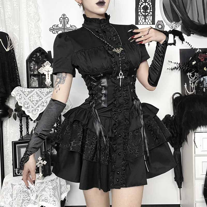 Summer Dark Subculture Personalized Short Skirt for Women Sweet Black Punk Stand Collar Gothic Retro Dress_ecoleips.com