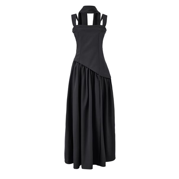 Elegant High-Slit Wrap Neck Halter Dress Classic Staple in Black And Army Green Stretchy Polyester S M L_ecoleips.com
