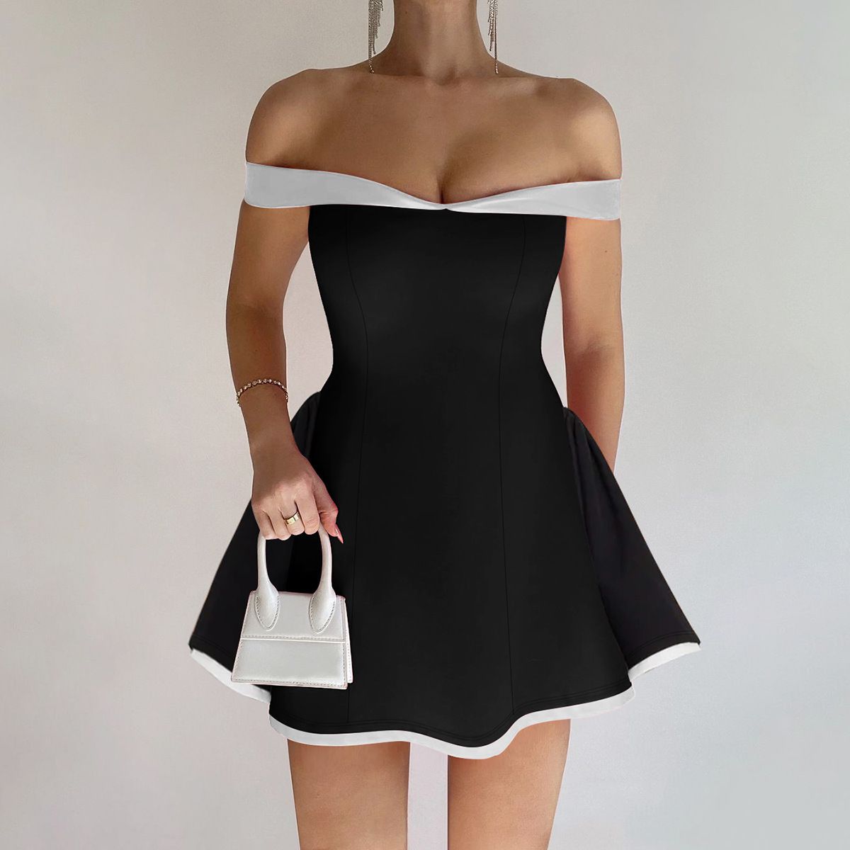 Women's Sexy Color Block Off Shoulder Ruffled Bodycon Mini Dress – Summer Party Gown 2026_ecoleips.com