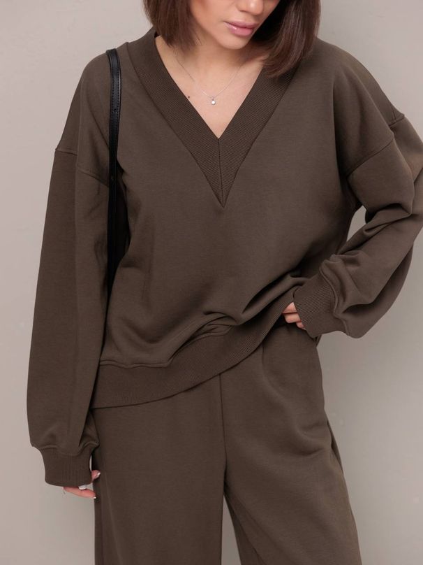 Women's Long-Sleeved Casual V-Neck Solid-Color Hoodie Top With Wide-Leg Pants, Two-Piece Set_ecoleips.com