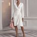 Women's Clothing Elegant Bodycon Dress With V-Neck & Pleated Detail - Slim Fit Long Sleeve Midi Dress For Women (White, Champagne, Wine Red, Pink)_ecoleips.com