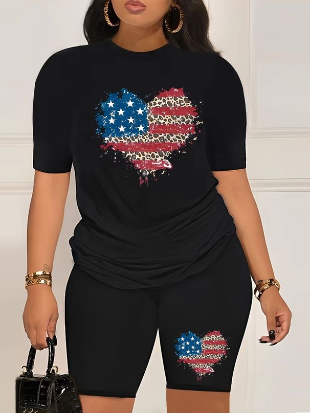 Summer Women's Casual Fashion American Flag Heart Graphic Print Loose T-shirt Shorts Two-piece Set Sportswear Suitable For Daily Wear-155_ecoleips.com