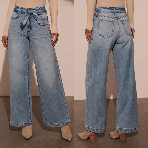 Women's Clothing High Waist Wide Leg Jeans For Women Tie Up Washed Straight Leg Denim European And American Style_ecoleips.com