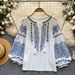 Women's Ethnic Style Embroidered Shirt Summer Long Sleeve Loose Fitting Tassel Tie Lantern Sleeve Heavy Duty Design Top For Commuting_ecoleips.com