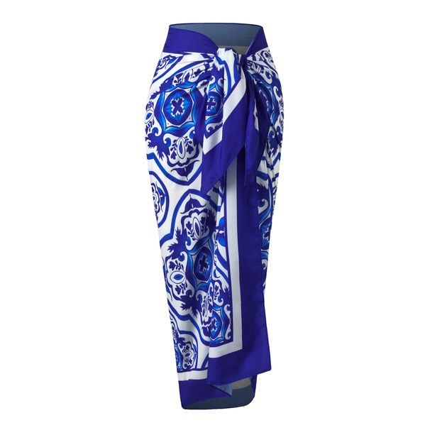 Blue And White Porcelain Print Halter Neck One Piece Swimsuit High Slit Wrap Skirt Two Piece Set For Women Beach Vacation_ecoleips.com