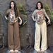 Southeast Asian Style Women's Summer Fashion Set Cute Cartoon Leopard Print Wide Leg Pants And Short Sleaved Top Two Piece Outfit_ecoleips.com