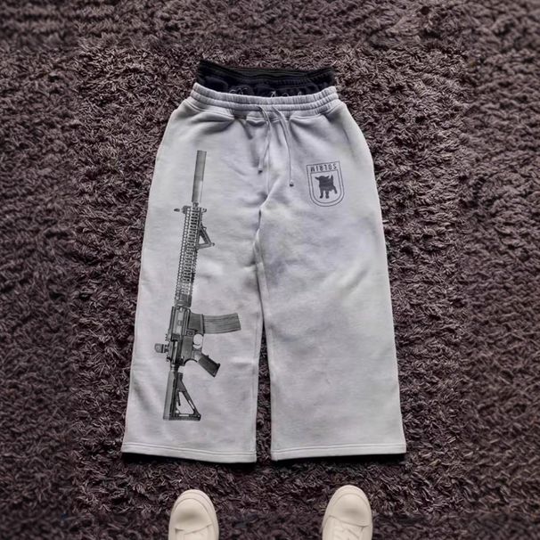 Foldable Sweatshirt Style High Street European American Cross Border Street Casual Double Waisted Printed Straight Leg Trousers Women's Clothing Bottoms_ecoleips.com