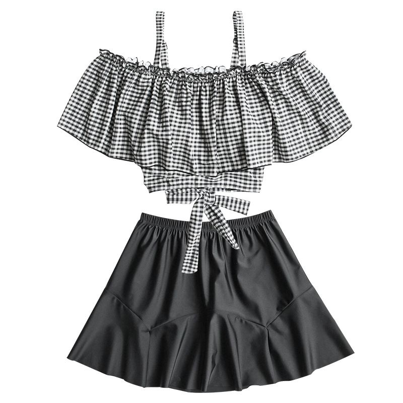 Petite Girls Three Piece Two Piece Swimsuit Set with Ruffles for Slimming Effect And Chest Coverage Retro Plaid Design for Summer Hot Springs_ecoleips.com