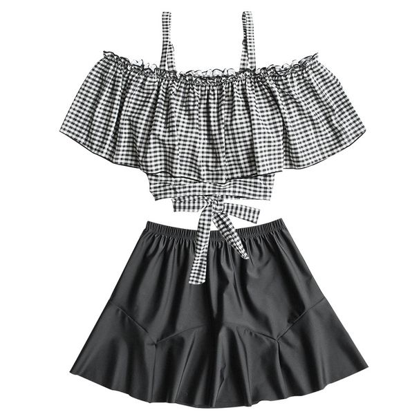 Petite Girls Three Piece Two Piece Swimsuit Set with Ruffles for Slimming Effect And Chest Coverage Retro Plaid Design for Summer Hot Springs_ecoleips.com