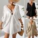 European And American Style Solid Color Beach Cover Up Women's Vacation Sun Protection With Circular V Neck Batwing Sleeves_ecoleips.com