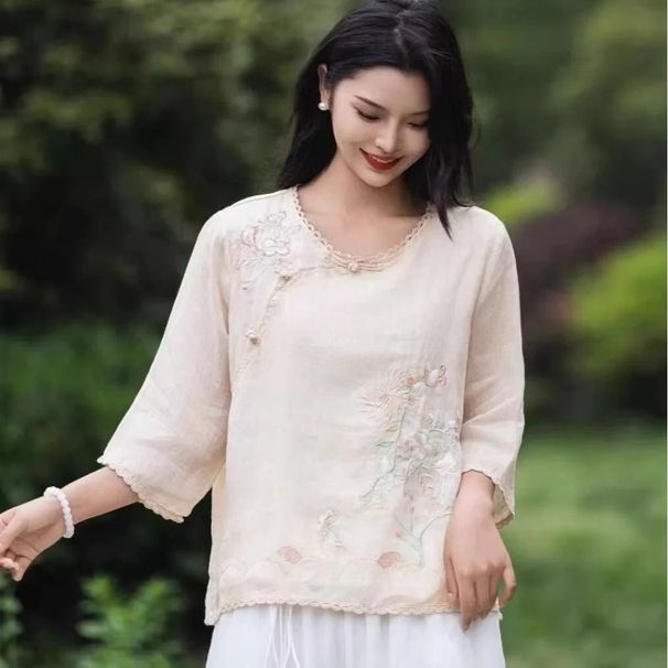 Ethnic Style New Chinese Style Artistic Retro Three-Quarter Sleeve Top, Cotton-Linen T-Shirt, Small Shirt, Spring/Summer_ecoleips.com