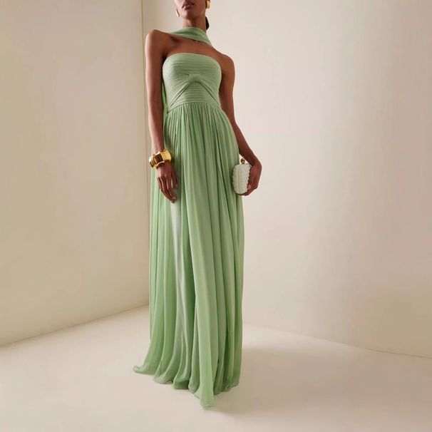 Women's Clothing Pleated Tube Top Dress Temperament Sleeveless Pleated Large Swing Ribbon Female_ecoleips.com