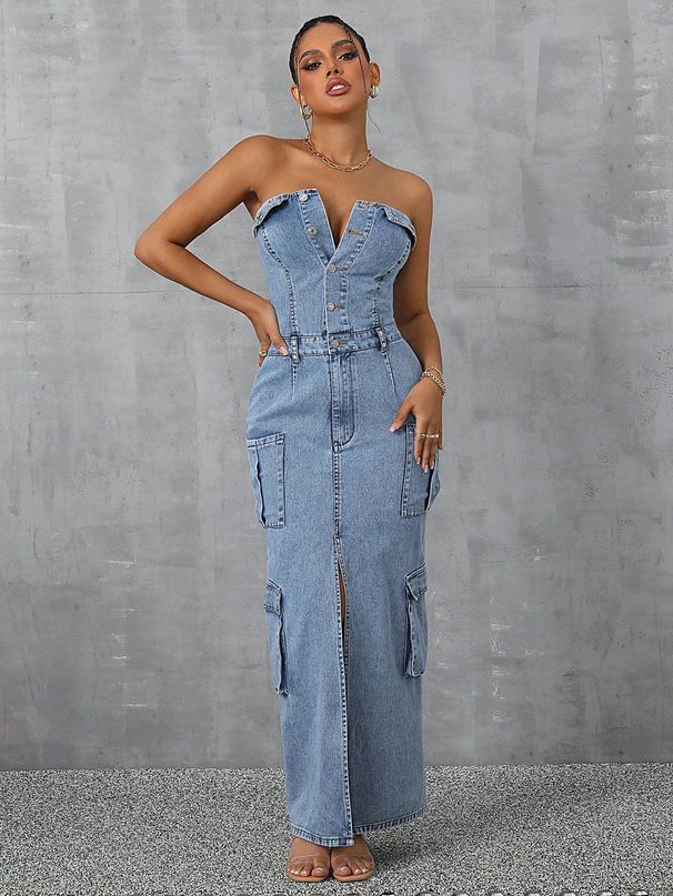 Women's Denim Dress - Casual Tube Top Workwear Style With Large Pockets_ecoleips.com